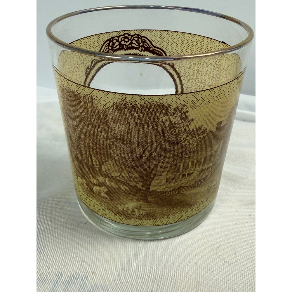 Vintage Currier and Ives Spring Rocks Glass Sepia Farm Scene Gold Rim Tumbler